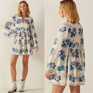 NEW Alix of Bohemia Silvie China Panel Floral Mini Dress Blue Size: Extra Small